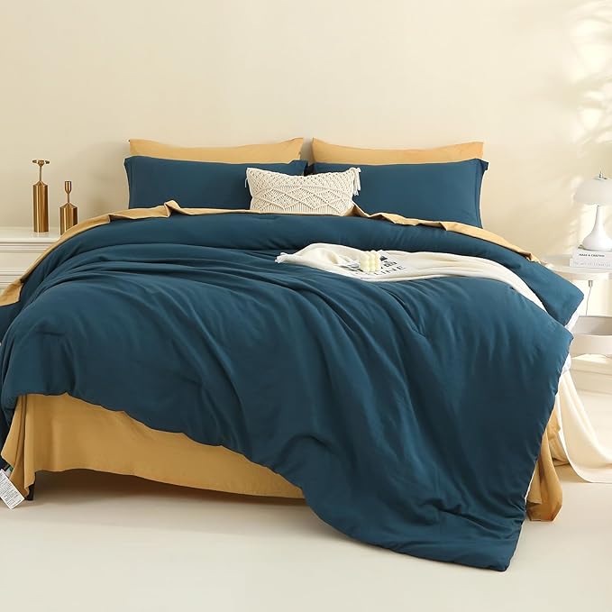 MILDLY King Size Comforter Set 7 Piece Color Clash, Peacock Blue Bed in a Bag, All Season Bedding Sets with 1 Comforter, 2 Pillow Shams, 2 Pillowcases, 1 Flat Sheet, 1 Fitted Sheet - LeafyLoom