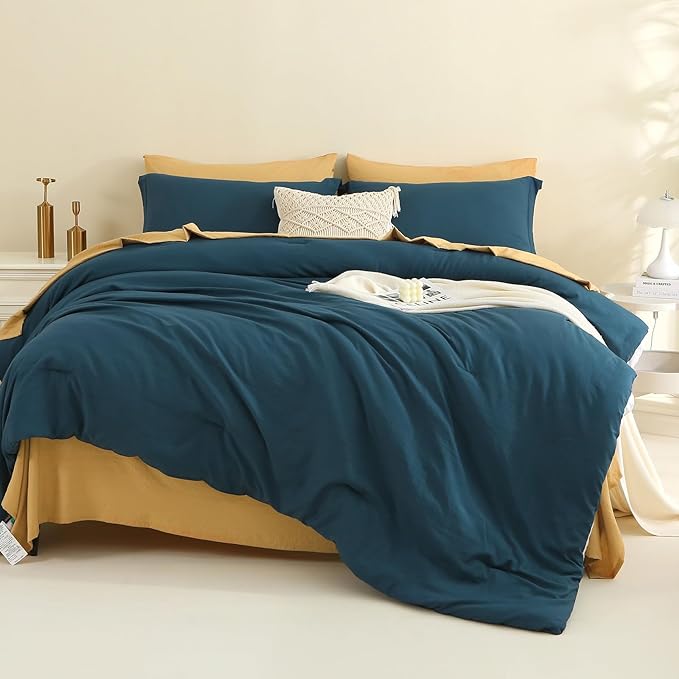MILDLY Full Size Comforter Set 7 Piece Color Clash, Peacock Blue Bed in a Bag, All Season Bedding Sets with 1 Comforter, 2 Pillow Shams, 2 Pillowcases, 1 Flat Sheet, 1 Fitted Sheet - LeafyLoom