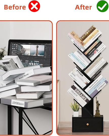 8 Tier Tree Bookshelf with Drawer, Free Standing Wood Bookcase for Living Room, Bedroom, Home Office, Space Saving Storage Organizer Bookshelves for Books, CDs, Vinyl Records- Black - LeafyLoom