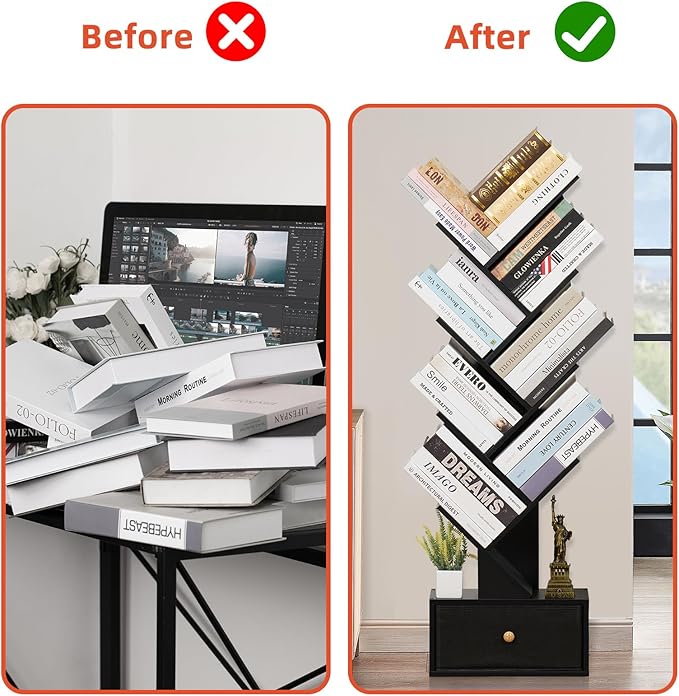 8 Tier Tree Bookshelf with Drawer, Free Standing Wood Bookcase for Living Room, Bedroom, Home Office, Space Saving Storage Organizer Bookshelves for Books, CDs, Vinyl Records- Black - LeafyLoom
