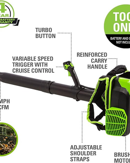 Greenworks 80V (180 MPH / 610 CFM / 75+ Compatible Tools) Cordless Brushless Backpack Blower, Tool Only - LeafyLoom