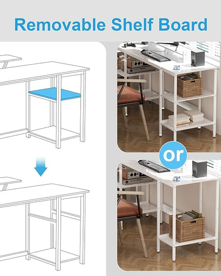Computer Desk - 55 Inch Home Office Desk with Storage, Gaming Desk with Monitor Stand, Modern Simple Study Table, Adjustable Storage Space, White - LeafyLoom