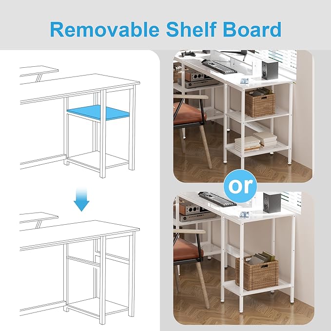Computer Desk - 55 Inch Home Office Desk with Storage, Gaming Desk with Monitor Stand, Modern Simple Study Table, Adjustable Storage Space, White - LeafyLoom