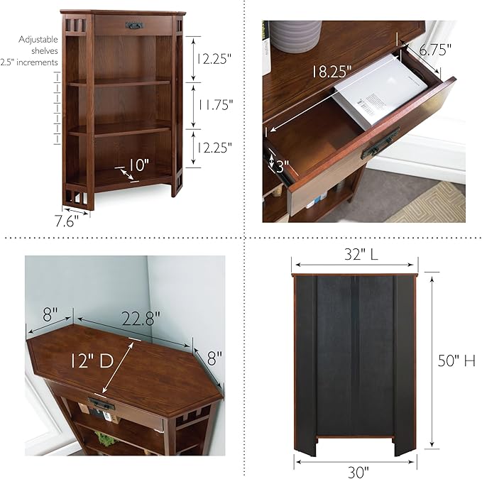 Leick Home Mantel Height Corner Bookcase with Drawer Storage, Made with Solid Wood, for Entryway, Living Rooms, Home Office, Bedroom, Mission Oak Finish, 12"D x 32"W x 50"H, Brownbronze - LeafyLoom