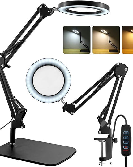 8X Magnifying Glass with Light and Stand, 2-in-1 Lighted Magnifier with Clamp,3 Color Modes Dimmable 10 Brightness Levels LED Desk Magnifying Lamp Hands Free for Crafts Hobby Reading Close Work - LeafyLoom
