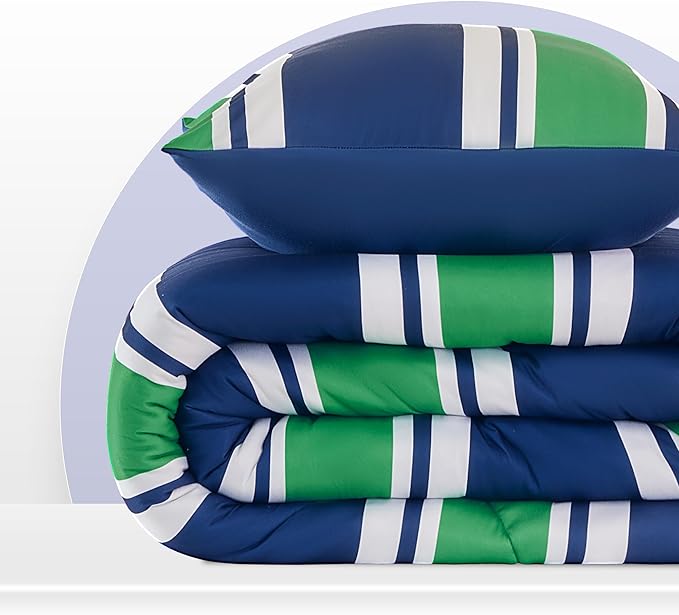 SLEEP ZONE Teens Boys Green Navy Stripe Kids Jersey Knit Comforter Set, Cute & Soft Bedding Set 2 Pieces with Comforter and Pillowcase, Washable, Easy Care (Rugby Stripe Navy/Green, Twin) - LeafyLoom