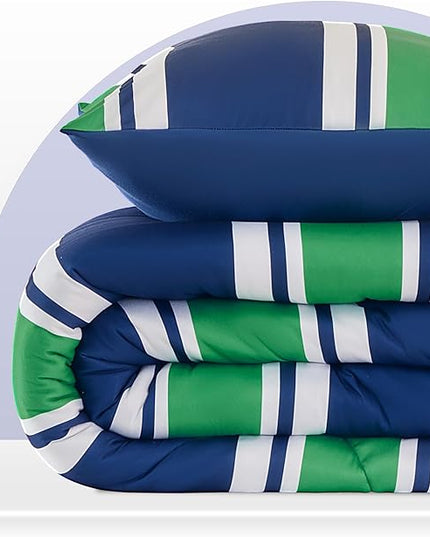 SLEEP ZONE Jersey Knit 3 Pieces Kids Comforter Set, Navy Gree Rugby Stripe Design for Boys and Teens. Durable, Breathable and Easy Care, All Season Use (Rugby Stripe Navy/Green, Full/Queen) - LeafyLoom