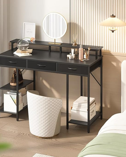 Yoobure Computer Desk with Drawers, Office Desk with LED Lights & Outlets, Small Desk with Storage Shelves, Gaming Desk 48" Home Office Desks with Monitor Stand, Writing Desk for Bedroom Small Spaces - LeafyLoom
