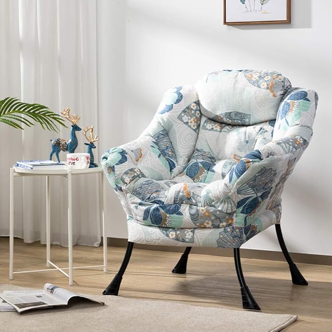 HollyHOME Modern Fabric Large Lazy Chair, Accent Oversized Comfy Reading Chair, Thick Padded Cozy Lounge Chair with Armrest, Steel Frame Leisure Sofa Chair for Living Room, Bedroom, Dorm, Fan Print - LeafyLoom