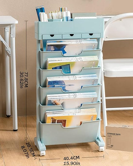 6 Tier Rolling Cart,Open Bookcase and Bookshelf,Mobile Bookshelf with Wheels 3 Drawer,Storage Shelving Display Shelves,Narrow Rolling Storage Cart for Living Room, Bedroom, Kitchen(Blue) - LeafyLoom