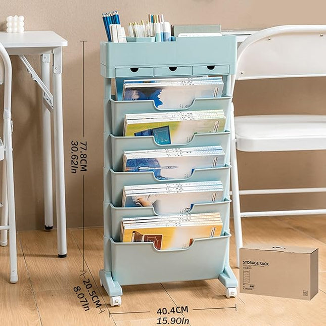 6 Tier Rolling Cart,Open Bookcase and Bookshelf,Mobile Bookshelf with Wheels 3 Drawer,Storage Shelving Display Shelves,Narrow Rolling Storage Cart for Living Room, Bedroom, Kitchen(Blue) - LeafyLoom