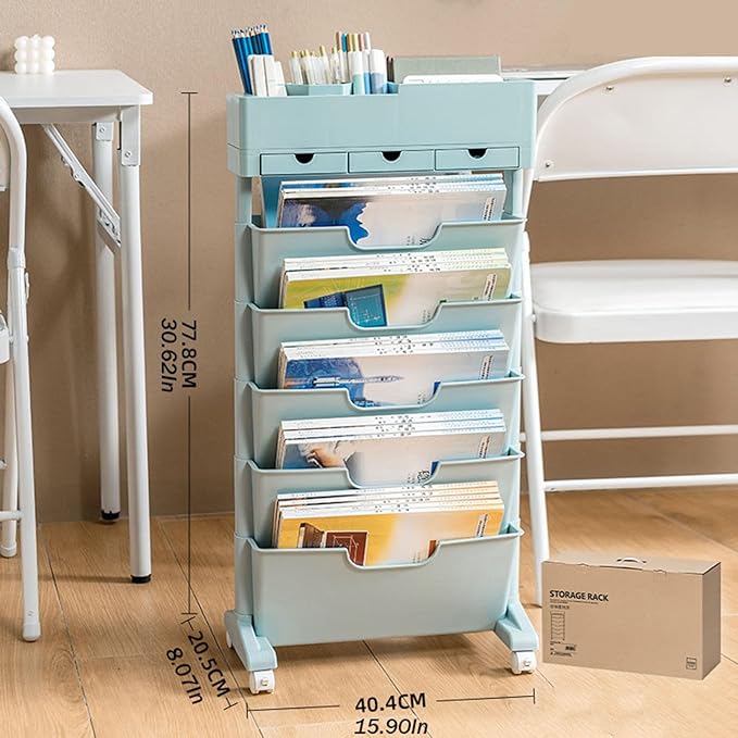 6 Tier Rolling Cart,Open Bookcase and Bookshelf,Mobile Bookshelf with Wheels 3 Drawer,Storage Shelving Display Shelves,Narrow Rolling Storage Cart for Living Room, Bedroom, Kitchen(Blue) - LeafyLoom