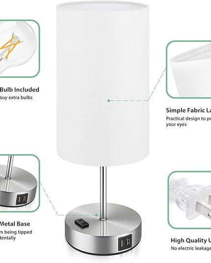 Set of 2 Touch Control Table Lamps with 2 USB Charging Ports&AC Outlet, 3-Way Dimmable Bedside Nightstand Lamps with White Fabric Lampshade for Reading, Bedroom, Living Room, A19 LED Bulbs Included - LeafyLoom