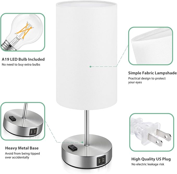 Set of 2 Touch Control Table Lamps with 2 USB Charging Ports&AC Outlet, 3-Way Dimmable Bedside Nightstand Lamps with White Fabric Lampshade for Reading, Bedroom, Living Room, A19 LED Bulbs Included - LeafyLoom