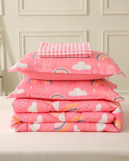 Twin Rainbow Comforter Set for Kids Girls Teens 7 Piece Pink Cloud Sun Pink Bed in a Bag 3D Cute Cartoon Love Hearts Bedding Set - LeafyLoom