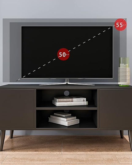 Yusong Retro TV Stand for 55 Inch TV, Entertainment Centers for Living Room Bedroom, Wood TV Bench Table TV Console TV Cabinet with 2 Storage Cabinets and Open Shelves, Black - LeafyLoom
