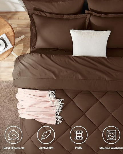 CozyLux Queen Comforter Set with Sheets 7 Pieces Bed in a Bag Brown All Season Bedding Sets with Comforter, Pillow Shams, Flat Sheet, Fitted Sheet and Pillowcases - LeafyLoom