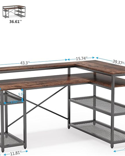 Tribesigns L Shaped Desk with Storage and Monitor Stand, Industrial Home Office Computer Desk with Storage Shelves, 59 Inch Corner Desk with Monitor Shelf(Brown) - LeafyLoom