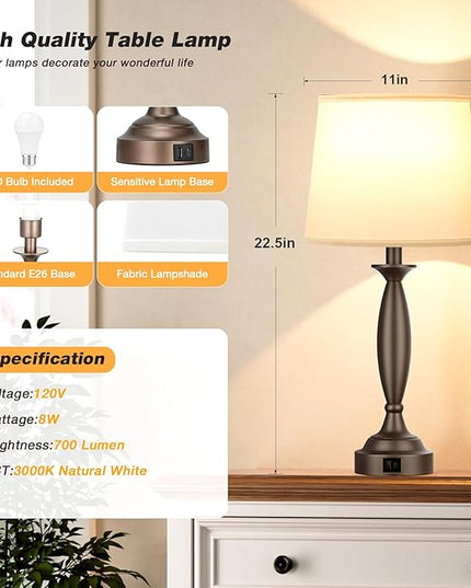 White Brown Lamps for Bedrooms Set of 2 - Touch Control Bedside Lamp with USB C+A, 3 Way Dimmable Nightstand Lamps with USB Port, Table Lamp for Living Room(White Shade and Brown Base) - LeafyLoom