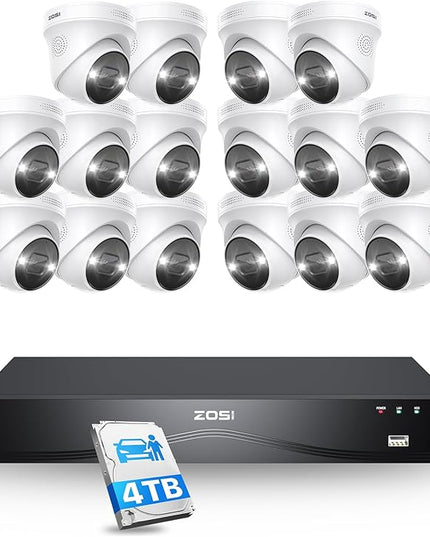 ZOSI 24CH 4K PoE Security Camera System with Face/Person/Vehicle Detection,16 Port 24CH 8MP NVR with 4TB HDD,2 Way Audio,Night Vision,16x 4K Outdoor IP Dome Cameras,Dual Disk-Backup for 24/7 Recording ZOSI