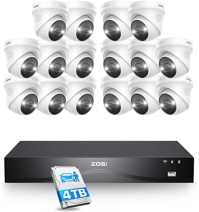 ZOSI 24CH 4K PoE Security Camera System with Face/Person/Vehicle Detection,16 Port 24CH 8MP NVR with 4TB HDD,2 Way Audio,Night Vision,16x 4K Outdoor IP Dome Cameras,Dual Disk-Backup for 24/7 Recording ZOSI