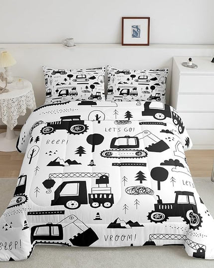 Construction Bedding Set Full Size Equipment Trucks Comforter Set for Kids Boys Girls Decor Cartoon Car Excavator Tractor Comforter Black White Duvet Set Bedroom Quilt Set - LeafyLoom