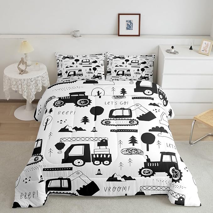 Construction Bedding Set Full Size Equipment Trucks Comforter Set for Kids Boys Girls Decor Cartoon Car Excavator Tractor Comforter Black White Duvet Set Bedroom Quilt Set - LeafyLoom