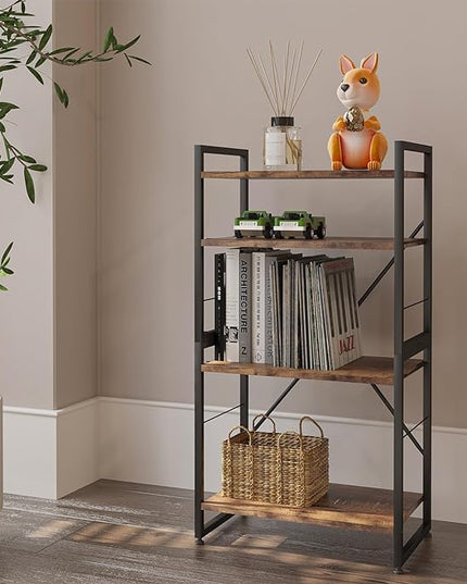 4 Tiers Bookshelf Adjustable Shelf Organizer, Rustic Brown Small Bookcase for Small Space,Industrial Wooden Storage Bookcase Display Rack and Storage Organizer for Living Room Home Office - LeafyLoom