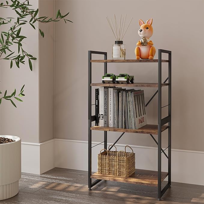 4 Tiers Bookshelf Adjustable Shelf Organizer, Rustic Brown Small Bookcase for Small Space,Industrial Wooden Storage Bookcase Display Rack and Storage Organizer for Living Room Home Office - LeafyLoom