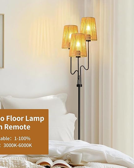 Rattan Floor Lamp for Living Room,Boho Floor Lamps Flower Standing Lamp with Remote,Dimmable Tree 3 Light Tall Lamp Farmhouse Wicker Bamboo Lamp Shade,Floor Light for Bedroom Bohemian Decor - LeafyLoom