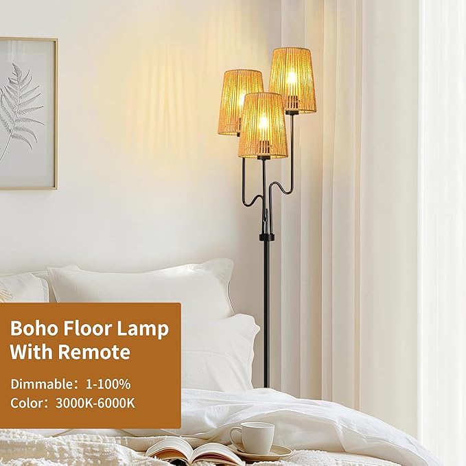 Rattan Floor Lamp for Living Room,Boho Floor Lamps Flower Standing Lamp with Remote,Dimmable Tree 3 Light Tall Lamp Farmhouse Wicker Bamboo Lamp Shade,Floor Light for Bedroom Bohemian Decor - LeafyLoom