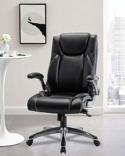 Office Chair Ergonomic Computer Chair, Executive Desk Chair with Adjustable Lumbar Support and Flip-up Arms, Swivel Rolling Work Chair-Black - LeafyLoom