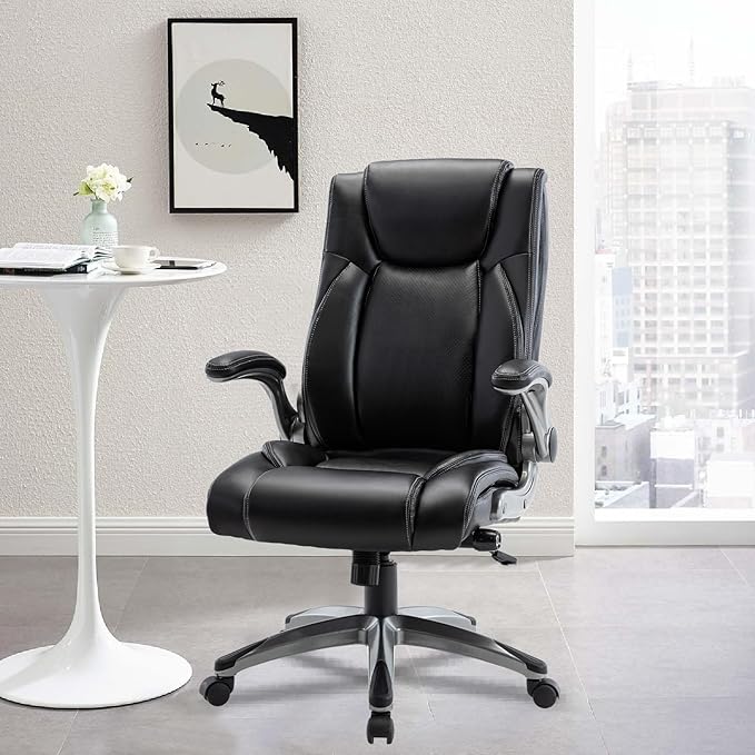 Office Chair Ergonomic Computer Chair, Executive Desk Chair with Adjustable Lumbar Support and Flip-up Arms, Swivel Rolling Work Chair-Black - LeafyLoom