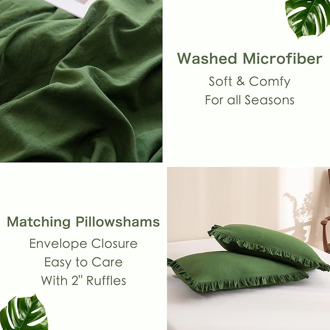 Olive Green Comforter Set Queen,Farmhouse Bedding Queen Size Comforter Set with Ruffle,Shabby Boho Chic French Country Dark Green Bedding Sets 3 Pieces - LeafyLoom