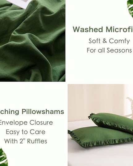 Olive Green Ruffled Comforter King Size,Farmhouse Shabby Boho Chic King Bed Comforter Vintage Rustic Bedding Ultra Soft 3PCS (1 Ruffle Comforter and 2 Pillowcases) - LeafyLoom