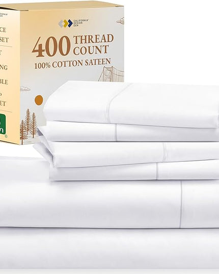 California Design Den 6-Pc Queen Size Sheet Set with 4 Pillowcases - 400 Thread Count 100% Cotton Sheets, Cooling Sateen Weave, Luxury Deep Pocket Bedsheets Set - Bright White - LeafyLoom