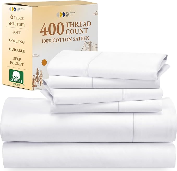 California Design Den 6-Pc Queen Size Sheet Set with 4 Pillowcases - 400 Thread Count 100% Cotton Sheets, Cooling Sateen Weave, Luxury Deep Pocket Bedsheets Set - Bright White - LeafyLoom