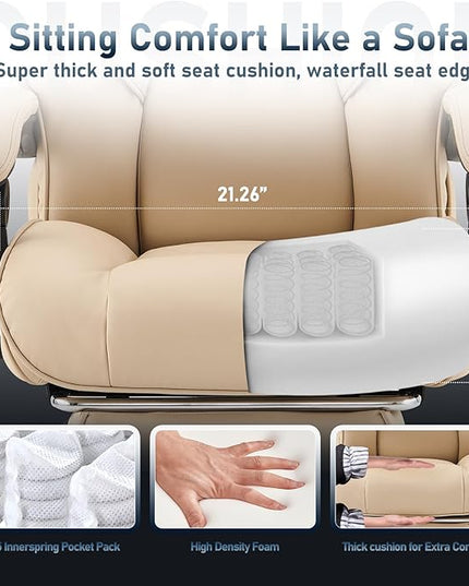 Office Chair with Footrest-Ergonomic Desk Chair with Adjustable Headrest and Lumbar Support Pillow, High Back Executive Computer Chair, Large Home Office Work Chair with Wide Seat for Comfort-Khaki - LeafyLoom