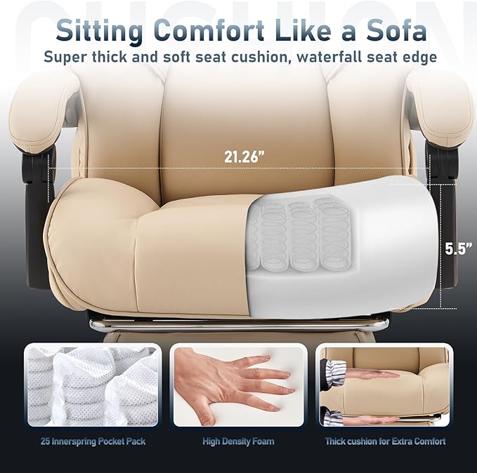Office Chair with Footrest-Ergonomic Desk Chair with Adjustable Headrest and Lumbar Support Pillow, High Back Executive Computer Chair, Large Home Office Work Chair with Wide Seat for Comfort-Khaki - LeafyLoom