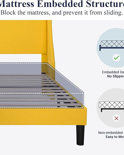 Allewie Queen Bed Frame, Platform Bed Frame Queen Size with Upholstered Headboard, Modern Deluxe Wingback, Wood Slat Support, Mattress Foundation, Light Yellow - LeafyLoom