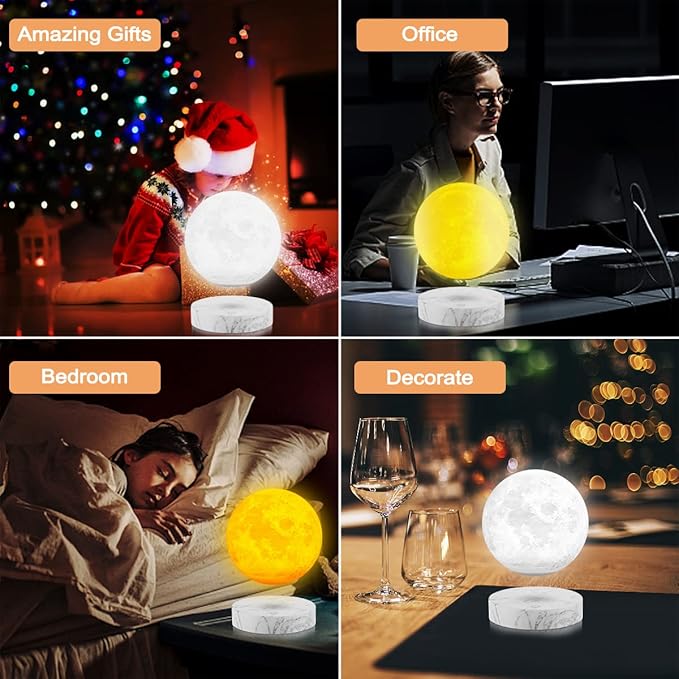 VGAzer Levitating Moon Lamp,Floating and Spinning in Air Freely with 3D Printing LED Moon Light Has 3 Colors for Unique Christmas Gifts,Room Decor (Marble Base 3 Colors) - LeafyLoom