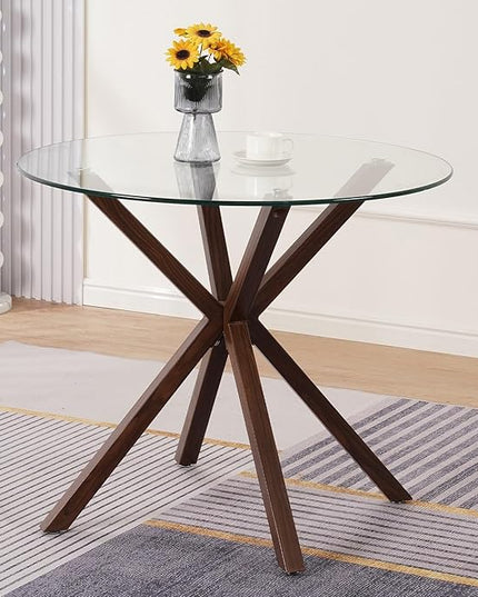Glass Dining Table,Modern Tempered Glass Top Dining Room Table with Cross Base for 4 People,Round Large Dining Table Glass Kitchen Table - LeafyLoom