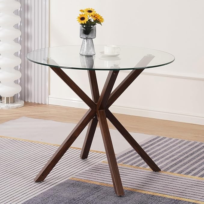 Glass Dining Table,Modern Tempered Glass Top Dining Room Table with Cross Base for 4 People,Round Large Dining Table Glass Kitchen Table - LeafyLoom