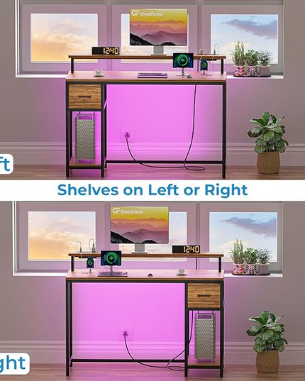 GreenForest Computer Desk with Drawers 47 inch,Gaming Desk with LED Lights & Power Outlets Small Desk with Monitor Stand and Reversible Shelf,Walnut - LeafyLoom