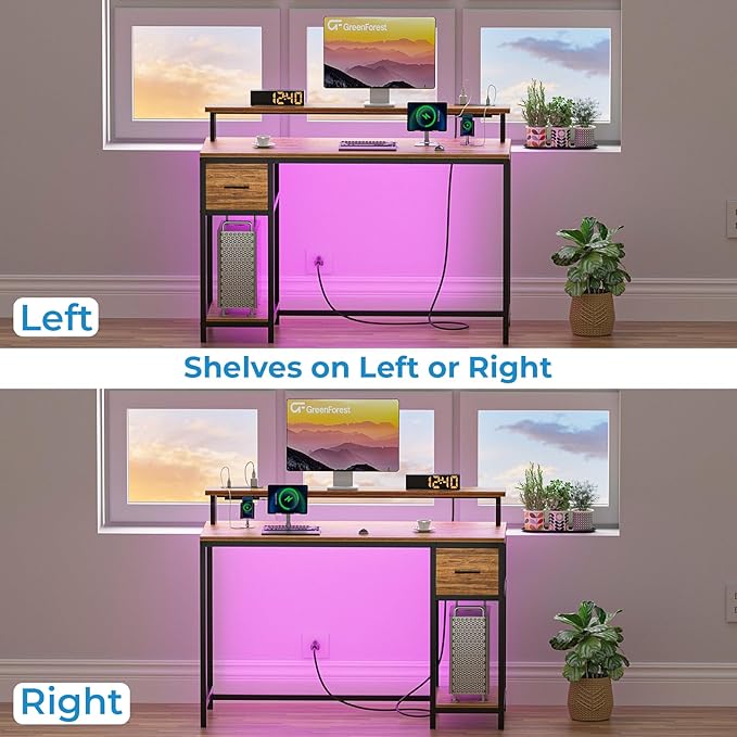 GreenForest Computer Desk with Drawers 47 inch,Gaming Desk with LED Lights & Power Outlets Small Desk with Monitor Stand and Reversible Shelf,Walnut - LeafyLoom