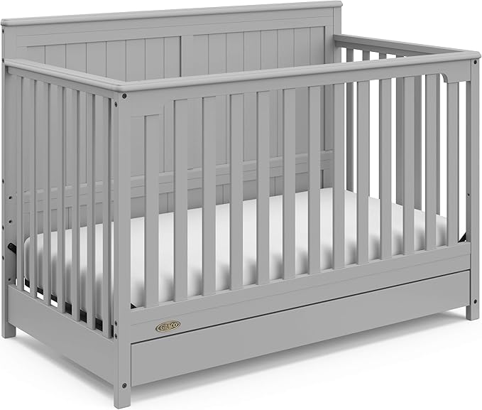 Graco Hadley 5-in-1 Convertible Crib with Drawer (Pebble Gray) – GREENGUARD Gold Certified, Crib with Drawer Combo, Full-Size Nursery Storage Drawer, Converts to Toddler Bed, Daybed - LeafyLoom