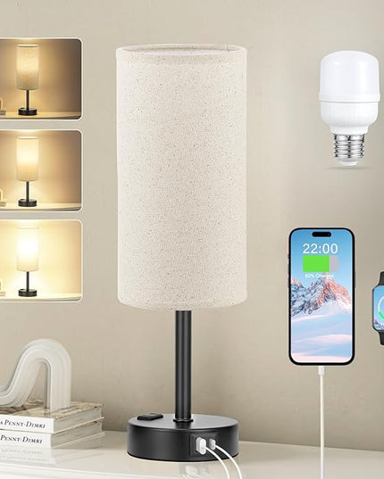 Beige Touch Table Lamp for Bedroom - 3 Way Dimmable Bedside Lamp USB C Charging Ports and AC Outlet, Small Lamp with Fabric Shade Black Base for Living Room, Office Desk, LED Bulb Included - LeafyLoom