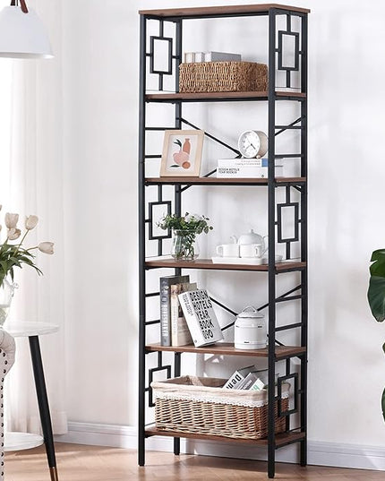 HOMISSUE Bookcase,6-Tier Tall Bookshelf Metal Bookcase and Bookshelves, Free Standing Storage Modern Bookshelf for Home Office Living Room and Bedroom, Rustic Brown - LeafyLoom