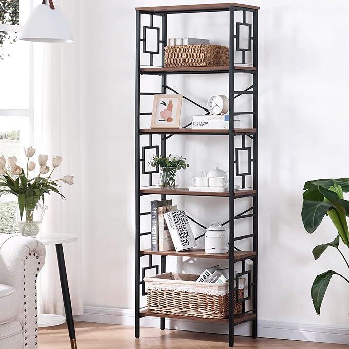 HOMISSUE Bookcase,6-Tier Tall Bookshelf Metal Bookcase and Bookshelves, Free Standing Storage Modern Bookshelf for Home Office Living Room and Bedroom, Rustic Brown - LeafyLoom