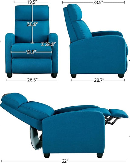 Yaheetech Fabric Recliner Sofa Modern Single Recliner Sofa Home Theater Seating with Thick Seat Cushion, Backrest and Pocket Spring, Blue - LeafyLoom